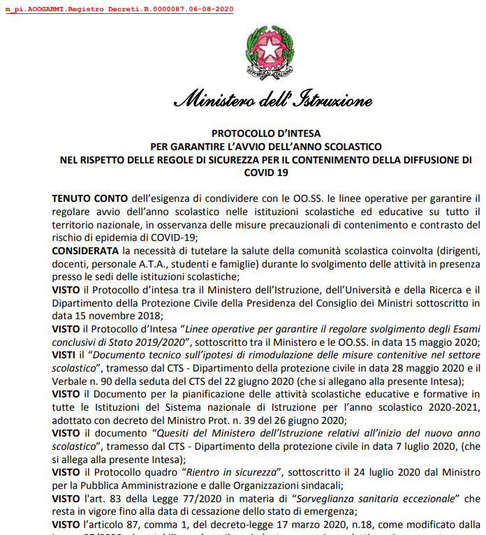 PROTOCOLLO D&rsquo;INTESA PER GARANTIRE L&rsquo;AVVIO DELL&rsquo;ANNO SCOLASTICO